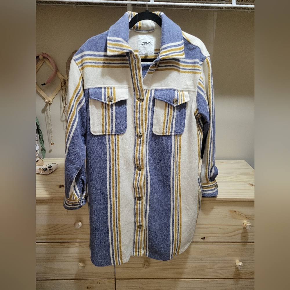 Aerie Shacket - Blue and Yellow Striped Cotton